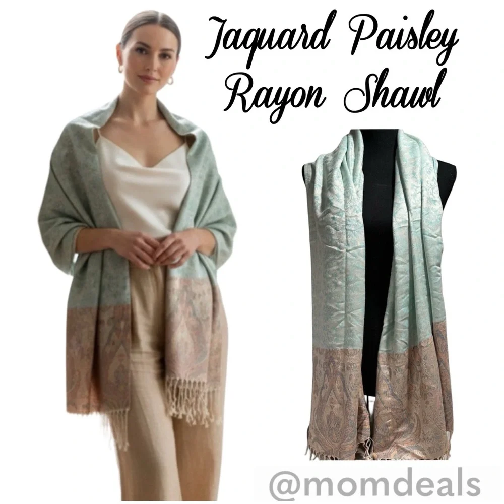 Elegant Shawl in Light Mint & Cream - Versatile Wrap, Scarf, or Veil, Soft Rayon